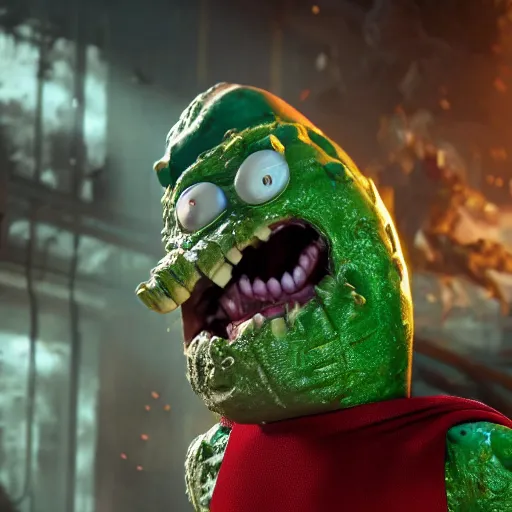 Image similar to pickle rick as superman! flying in ( gears of war ), splash art, movie still, detailed face, photorealistic facial features, cinematic lighting, dramatic, octane render, long lens, shallow depth of field, bokeh, anamorphic lens flare, 8 k, hyper detailed, 3 5 mm film grain