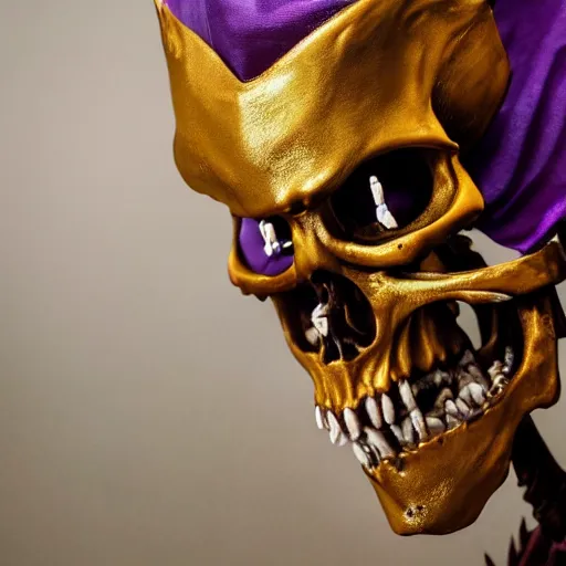 Image similar to photorealistic still portrait photograph of real - life ainz looking at the camera, overlord, regal purple gold robe, depth of field, soft focus, highly detailed, intricate, realistic, national geographic cover, textured detailed skeleton, professional archeological photograph