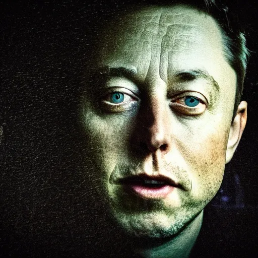 Image similar to dark photo of dark blue rainy bedroom window at night, creepy face of elon musk staring in through the window, horror, scary face,