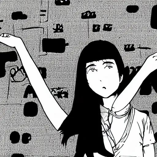 Prompt: panel of aiko tanaka in oyasumi punpun, manga, 8 k, 4 k, masterpiece, trending on artstation, art in the style of inio asano