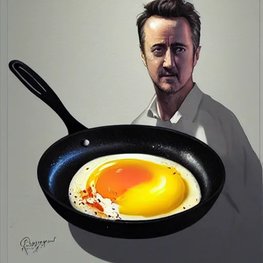 Image similar to an egg frying in a pan with edward norton's face in the yolk, concept art by greg rutkowski, artgerm