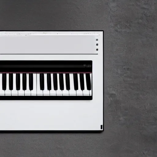 Prompt: dezeen showroom, archdaily, ignant, @minimalisso, photo of overhead angle of macbook piano moog synthesizer keyboard, mellotron, render, designed by Dieter Rams, jony ive, off white , virgil abloh, classic product design, product design render, vintage synth ads- pinterest