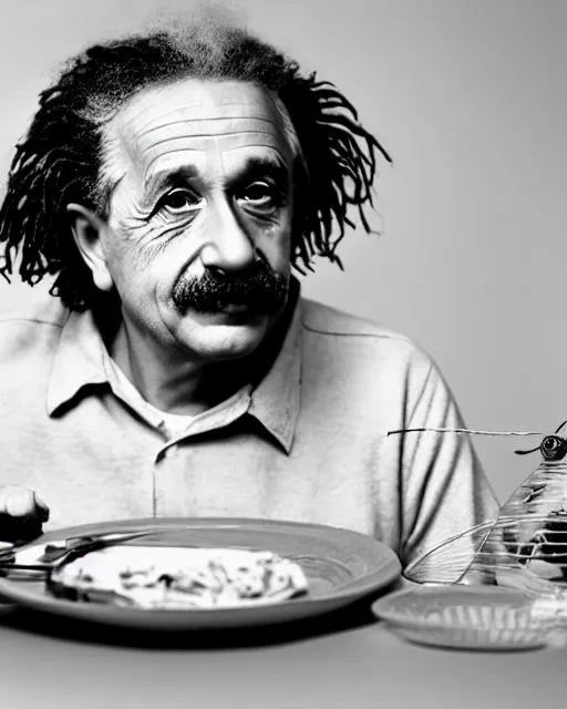 Prompt: a portrait of albert einstein sitting at the dining table with a plate containing string hopper in front of him, highly detailed, trending on artstation, bokeh, 9 0 mm, f / 1. 4