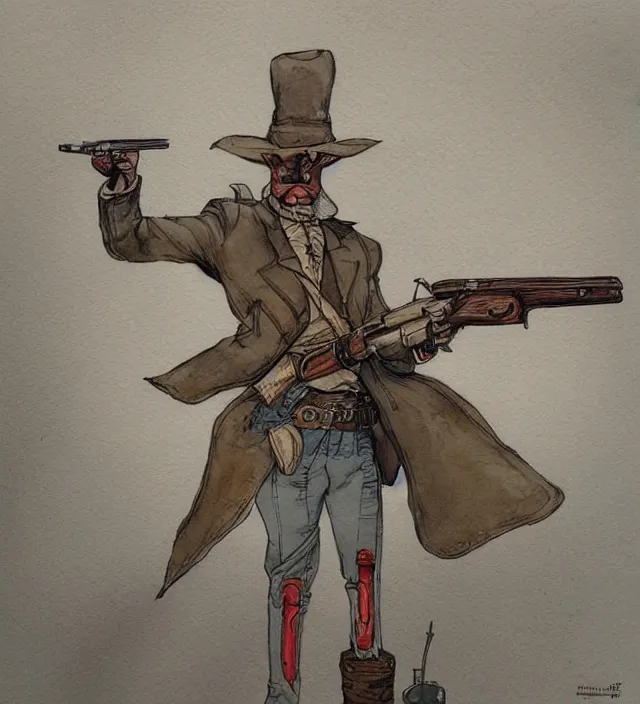 Image similar to a 3 / 4 view watercolor ink painting of an anthropomorphic bunny gunslinger posing with their revolver - rifle in the style of jean giraud in the style of moebius trending on artstation deviantart pinterest detailed realistic hd 8 k high resolution