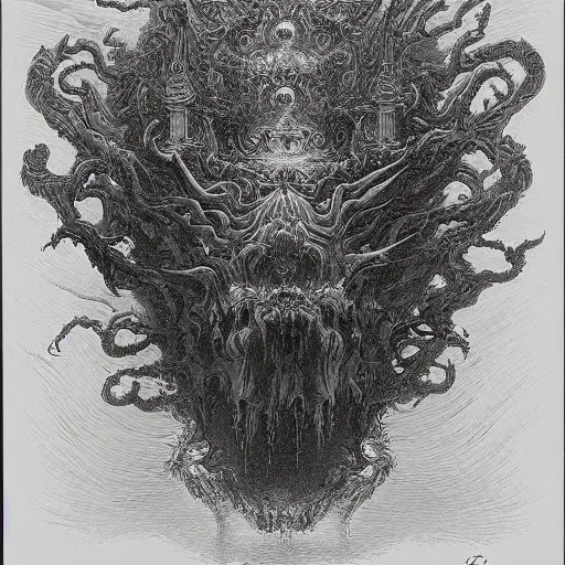 Prompt: gustave dore james gurney massive cloud deity and extremely miniscule soul surrounded by psychedelic trippy energy beasts creepy horror art intricate detailed fluid smoke art splashing fractal prismatic maximalist