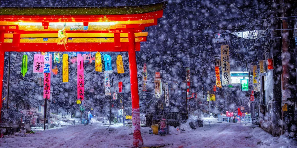 Prompt: a Japanese cyberpunk shrine, snowing, photograph,, sharp focus, intricate detail, high resolution, 8k, neon streetlights, wires hanging down everywhere, Japan, colourful, prayer flags