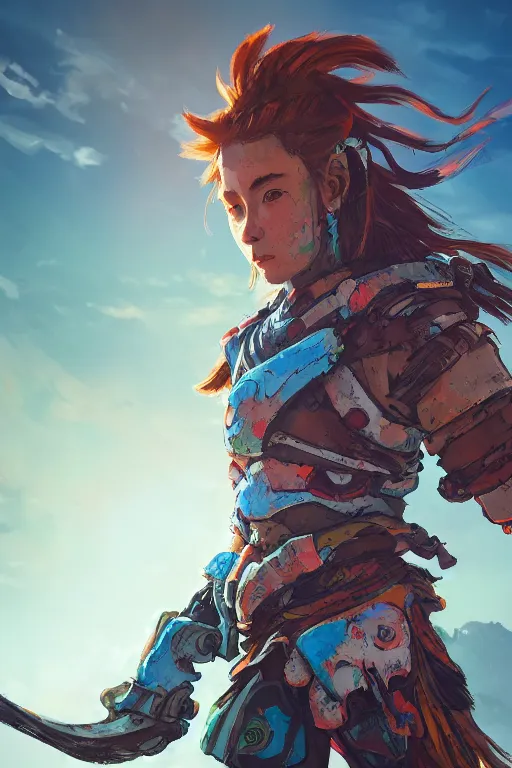 Image similar to combination suit armor aloy horizon forbidden west horizon zero dawn radiating a glowing aura global illumination ray tracing hdr fanart arstation by ian pesty and alena aenami artworks in 4 k tribal robot ninja mask helmet backpack