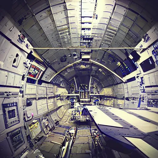 Image similar to “in the hangar of a space station looking up at an immense transport frigate space cruiser with graffiti on its side. Several robots are working on the docked spaceship.”