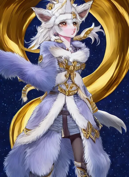 Image similar to commissioned full body portrait of a female anthro wolf princess fursona with a furry wolf head and white hair wearing a blue and gold Japanese armored dress in a white and gold palace on a starry night with a large crescent moon, by a professional manga illustrator, Stanley Artgerm Lau, WLOP, Rossdraws, James Jean, Andrei Riabovitchev, Marc Simonetti, and Sakimichan, trending on artstation