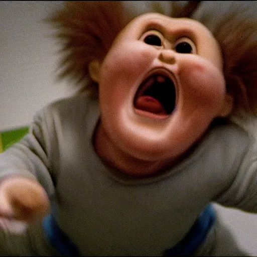 Prompt: security camera footage of screaming chucky doll crawling on the ceiling