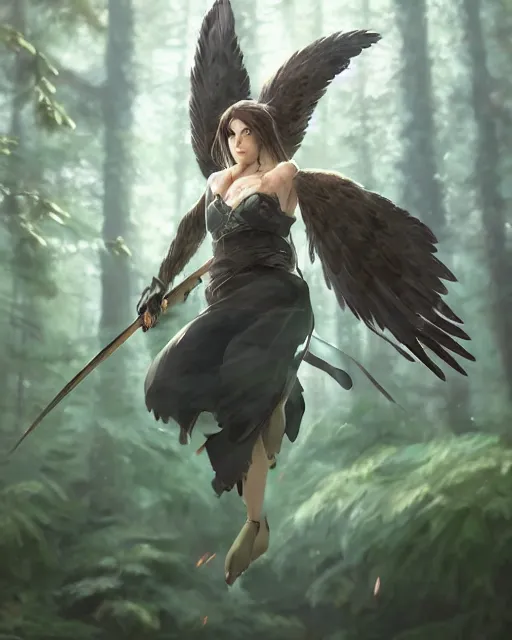 Image similar to a female anthropomorphic eagle warrior. She has two wings on her back. Forest, clearing. Full shot, wings are focus. Flying. Atmospheric lighting, By Makoto Shinkai, Stanley Artgerm Lau, WLOP, Rossdraws, James Jean, Andrei Riabovitchev, Marc Simonetti, krenz cushart, Sakimichan, D&D trending on ArtStation, digital art.