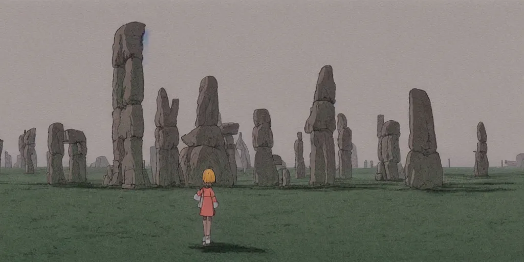 Image similar to a realistic cell - shaded studio ghibli concept art from paprika ( 2 0 0 6 ) of shouxing from close encounters of the third kind ( 1 9 7 7 ) in a flooded monument valley stonehenge. very dull colors, wide shot, hd, 4 k, hq