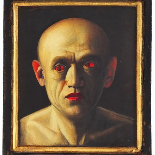 Image similar to portrait of alexander abdulov, with a red eyes, satanic body, head of old man