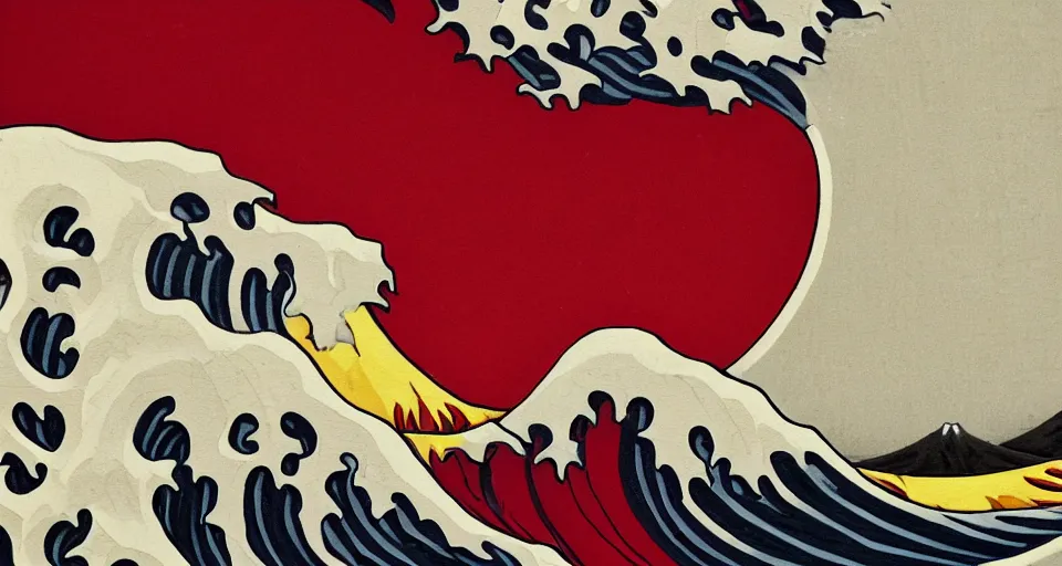 Prompt: painted wood relief carving of The Great Wave off Kanagawa with red lava and fire, rococo, black and red, hyperreal, detailed , 8k, artstation, hyper detailed