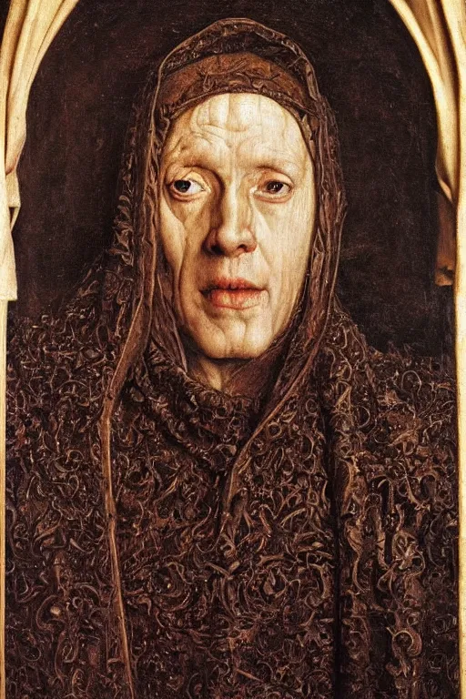 Image similar to portrait of albedo from overlord, oil painting by jan van eyck, northern renaissance art, oil on canvas, wet - on - wet technique, realistic, expressive emotions, intricate textures, illusionistic detail