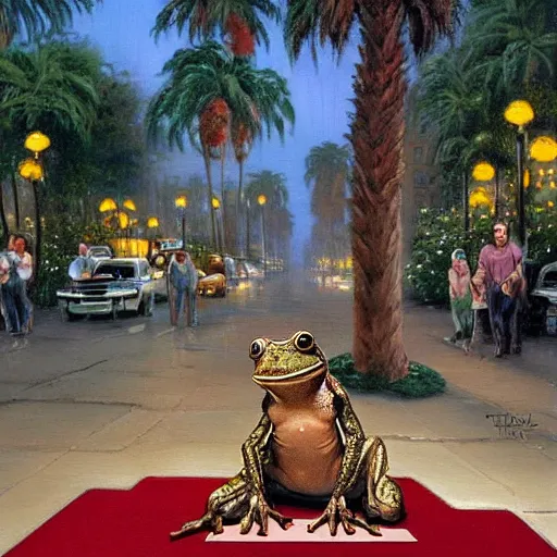 Prompt: painting of a bipedal frog walking down the hollywood walk of fame, palm trees, thomas kinkade, goya