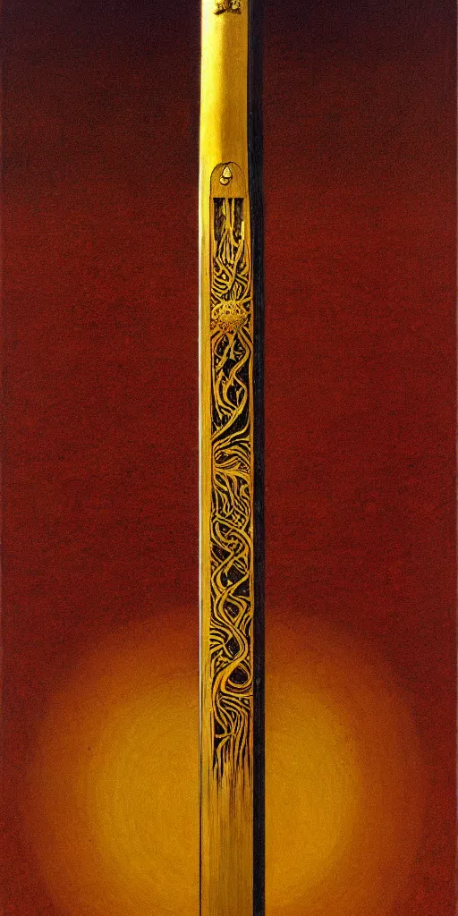 Image similar to a sword in the style of zdzisław beksinski, elegant, gold and oak inlay, sun motif, holy