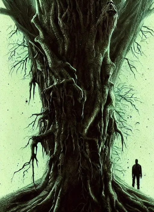 Image similar to highly detailed horror movie poster with angry creepy keanu reeves as a tree, keanu reeves faces in the bark of many trees sentient leafy catastrophe by greg rutkowski, masterpiece, really funny, 1 0 / 1 0 creepy