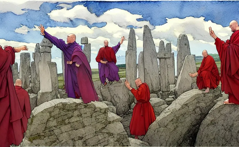 Prompt: a hyperrealist watercolour concept art of a group of medieval monks in grey robes levitating a huge flat rock in the air over their head. a large stonehenge moneument is in the sky. by rebecca guay, michael kaluta, charles vess and jean moebius giraud. high detail, hq, wide shot