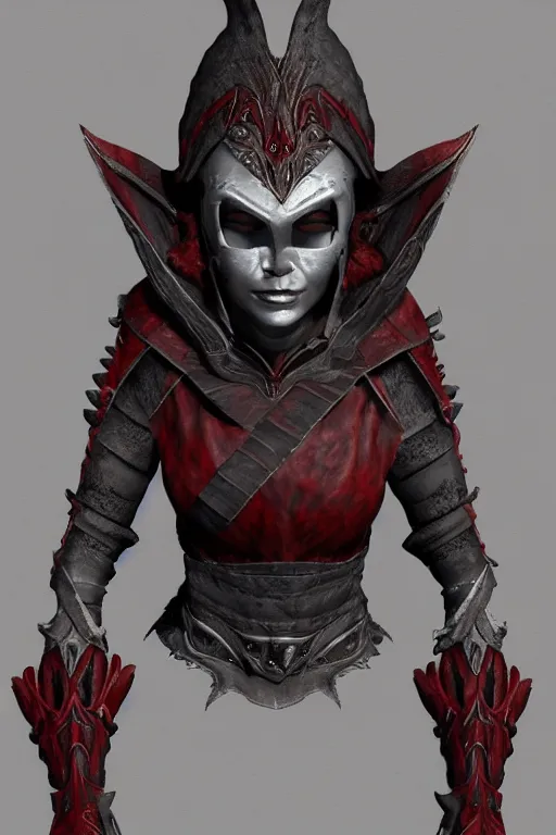 Image similar to female adventurer in tight full - body daedric leather armor of dunmer design with a red porcelain crow mask, trending in artstation, establishing shot