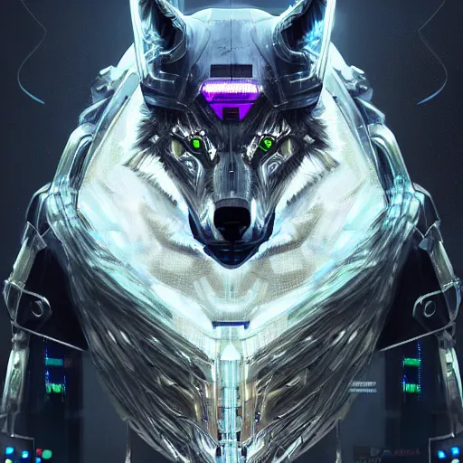 Prompt: a portrait of a evil cybernetic wolf in glass armor releasing spell, full height, moving forward, cyberpunk concept art, trending on artstation, highly detailed, intricate, sharp focus, digital art, 8 k