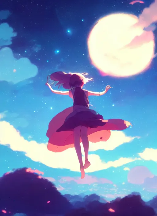 Prompt: girl floating on the night sky, gaint planet in the background, illustration concept art anime key visual trending pixiv fanbox by wlop and greg rutkowski and makoto shinkai and studio ghibli