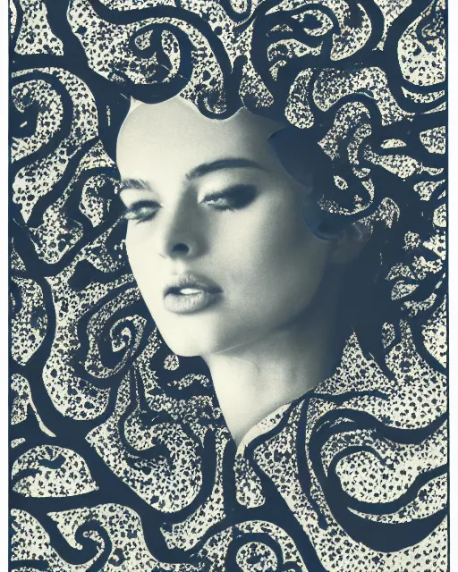 Prompt: oversaturated, burned, light leak, expired film, photo of a woman's serene face submerged in a flowery milkbath, rippling liquid, vintage glow, sun rays, black and white, glitched pattern, 1 9 6 0 s magazine ad