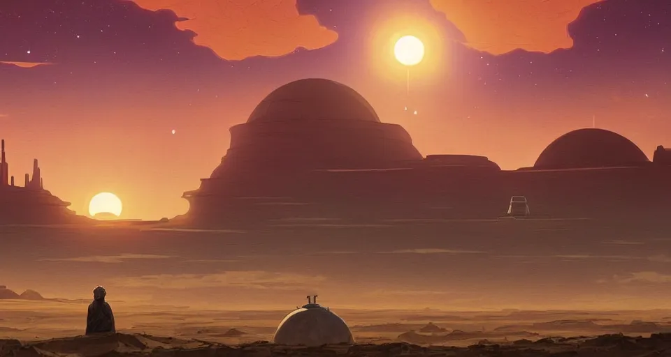 Prompt: beautiful wide shot tatooine landscape, Luke skywalker watches binary sunset from moisture farm, Star Wars a new hope 1977, studio ghibli, Miyazaki, Greg rutkowski, Alphonse mucha, Moebius , animation, golden hour, highly detailed, hdr, vivid color, 70mm