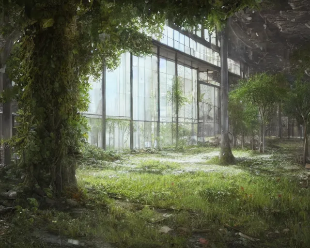 Prompt: trees growing in an abandoned shopping mall, overgrown by flower, vines, hyperrealistic, highly detailed, oil painting, intricate, cgsociety, artstation, 8 k, cinematic, muted colors, soft lighting, smooth, sharp focus