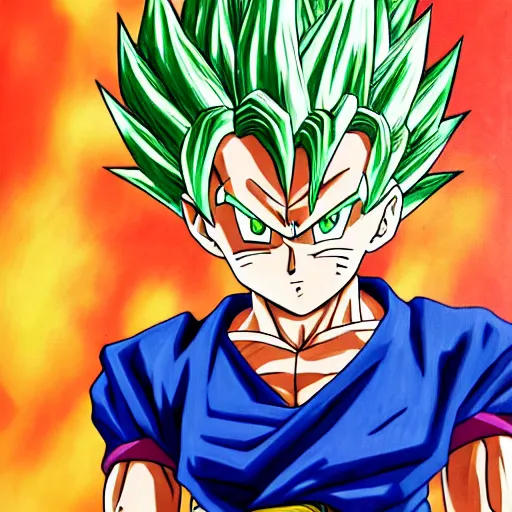 Image similar to fusion of goten and trunks, gotenks, anime, 4 k, detailed, full body, painting, on paper, paint smears, smooth