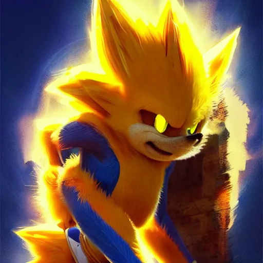 super saiyan sonic movie poster, yellow fur, super