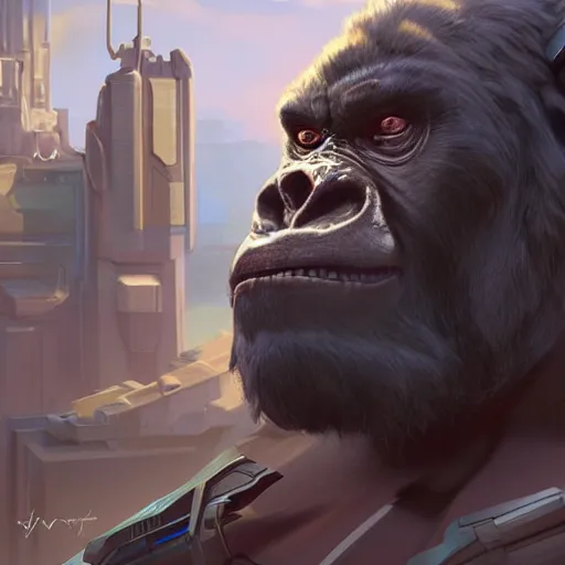 Image similar to science-fiction character portrait of Winston gorilla from Overwatch, intricate, wild, highly detailed, digital painting, artstation, upper body, concept art, smooth, sharp focus, illustration, art by artgerm and greg rutkowski and alphonse mucha