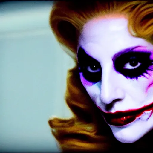 Prompt: beautiful awe inspiring Lady Gaga playing The Joker 8k hdr movie still moody lighting