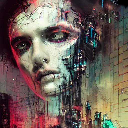 Image similar to a cyberpunk noir detective, skulls, wires cybernetic implants, machine noir steelpunk grimcore in cyberspace photoreal, atmospheric by jeremy mann francis bacon and agnes cecile, ink drips paint smears digital glitches