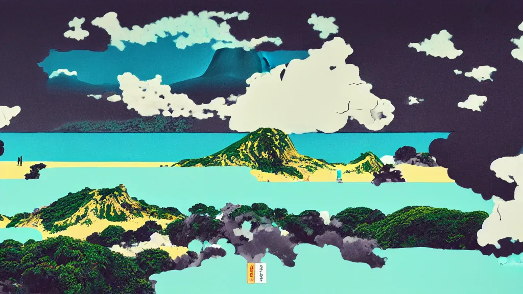 Image similar to dramatic landscape of okinawa prefecture, japan, a collage painting, in the style of wes anderson, lola dupre, david hockney, isolated on negative white space background dark monochrome neon fluorescent spraypaint accents volumetric octane render