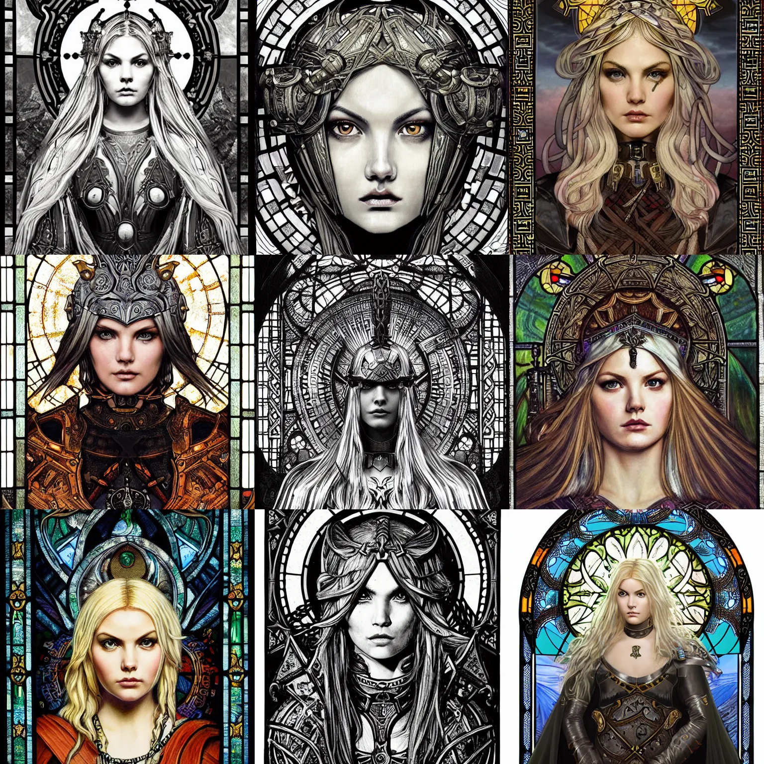 Prompt: masterpiece head-on symmetrical centered portrait, Elisha Cuthbert as a RPG warrior, ornate full metal armour, blonde hair, halo around her head, gothic stained glass style, tarot card style, Pre raphaelite art style, gothic, victorian, elegant, distant, in the style of Edgar Maxence and Ross Tran and Zdzisław Beksiński and Gustave Doré and Michael Whelan and and Mucha, specular highlights, 8k, Octane Render