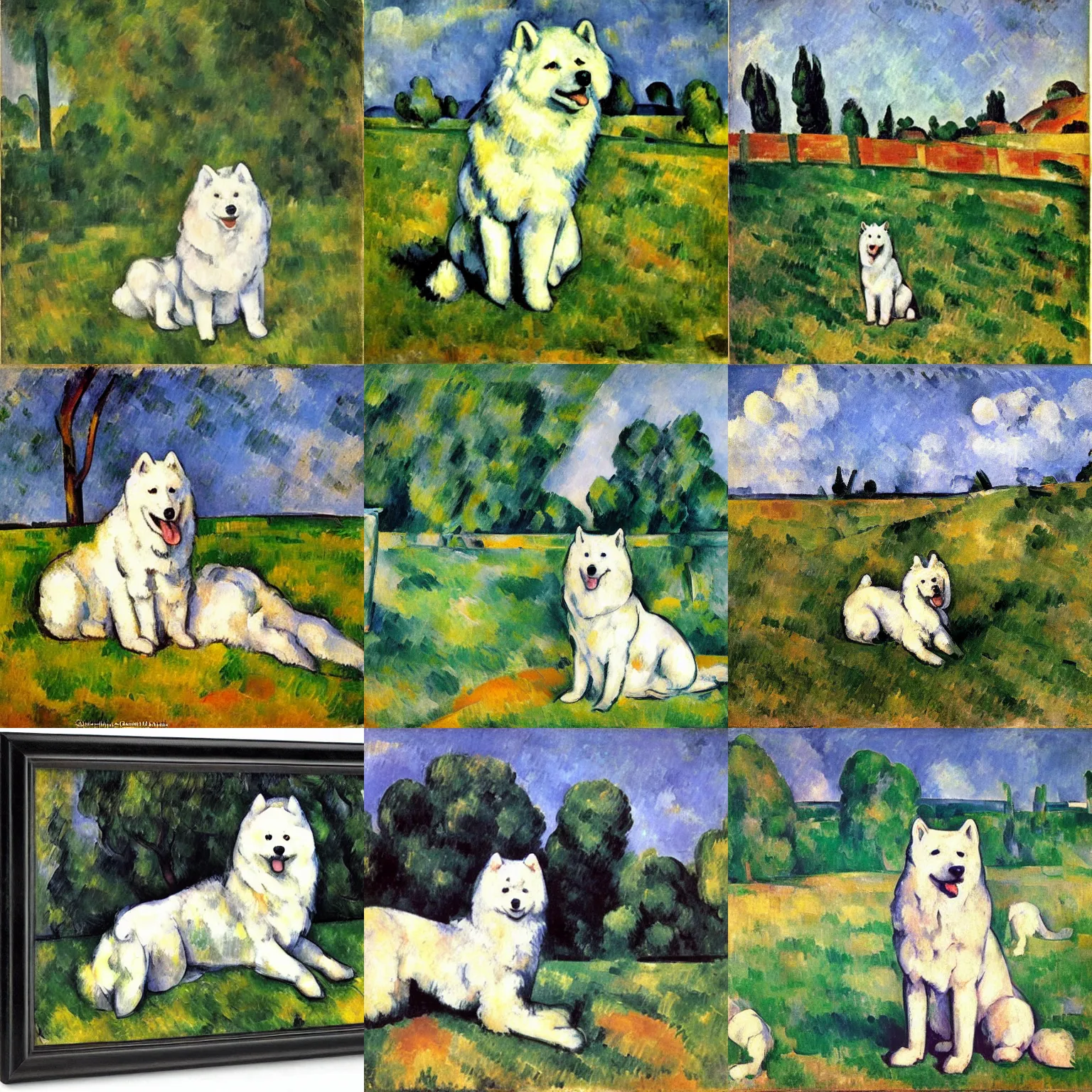 Prompt: a samoyed dog sitting in the middle of sunny meadow, paul cezanne