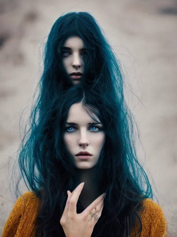 Prompt: portrait photograph of the most beautiful woman with a long dark hair, blue eyes, colorful, alessio albi, jovana rikalo