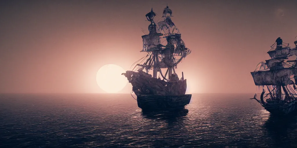 Image similar to ethereal ghost pirate ship at open sea at night, full moon behind it, 3 d art, octane render, 6 k, unreal engine, horror movie