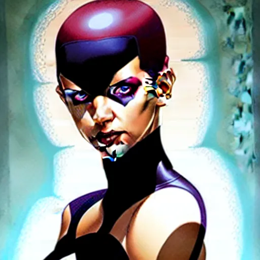 Image similar to artgerm, joshua middleton comic cover art, pretty domino character marvel comics sarah michelle gellar, place white skin, asymmetrical black spot covering left eye only, no spot right eye white around right eye