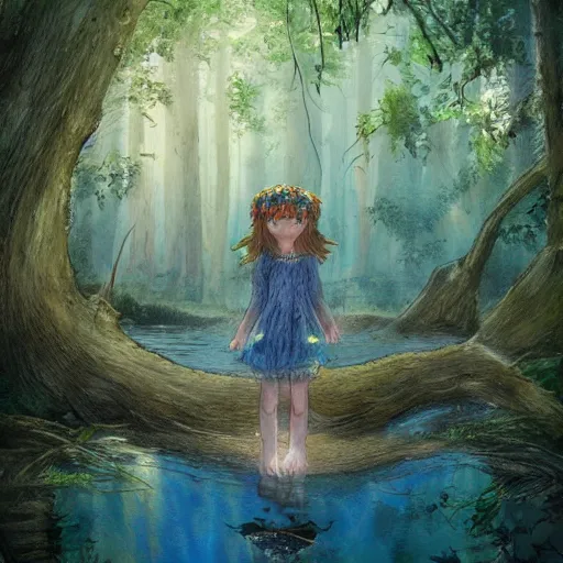 Image similar to forest child in a lake, ghibli, highly detailed faces, artwork, light, blue, fantasy