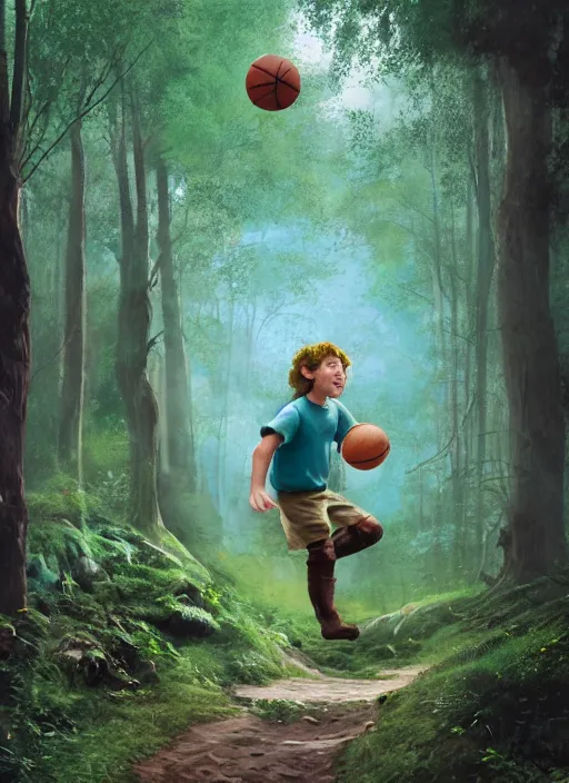Image similar to a hobbit wearing hiking boots and teal gloves playing basketball in a forest, painting by beeple
