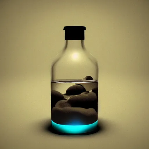 Image similar to a ship in a bottle floating on milk, kitchen tile background, 3d, fake caustics, ue5, cinema 4d, subsurface scattering, volumetric lighting