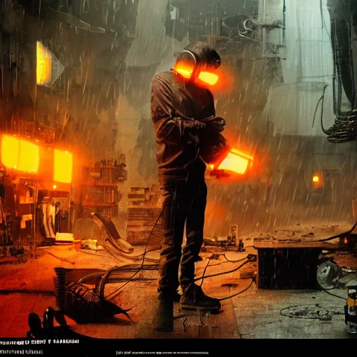 Image similar to augmented human repairing weapon made from old egg beater, dark messy smoke - filled cluttered workshop, dark, dramatic lighting, orange tint, cinematic, highly detailed, sci - fi, futuristic, movie still from blade runner