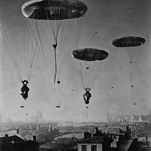 Image similar to grainy 1800s photo of a cybernetic paratroopers parachuting out of mechanical flying machines into a city