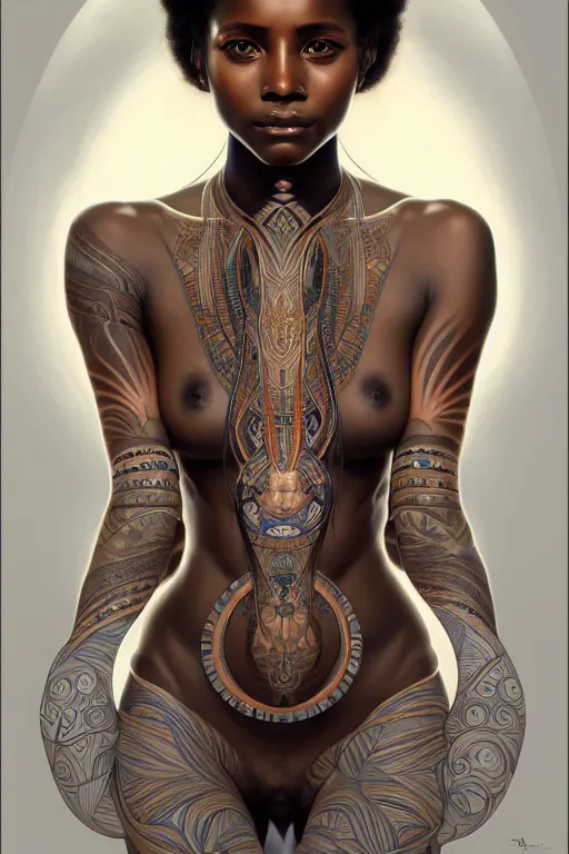 Image similar to symmetrical body portrait of beautiful nubian tribal tattooed young woman, intricate, elegant, highly detailed, digital painting, artstation, concept art, smooth, sharp focus, illustration, art by artgerm and greg rutkowski and alphonse mucha, 8 k