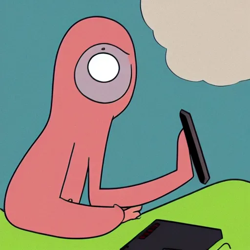 Image similar to a person with bloodshot eyes and tongue out staring at the computer with despondence, adventure time style