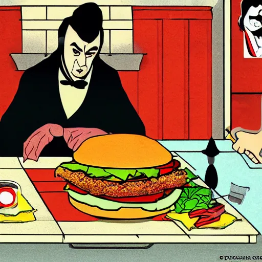 Image similar to Count Dracula cooking hamburgers