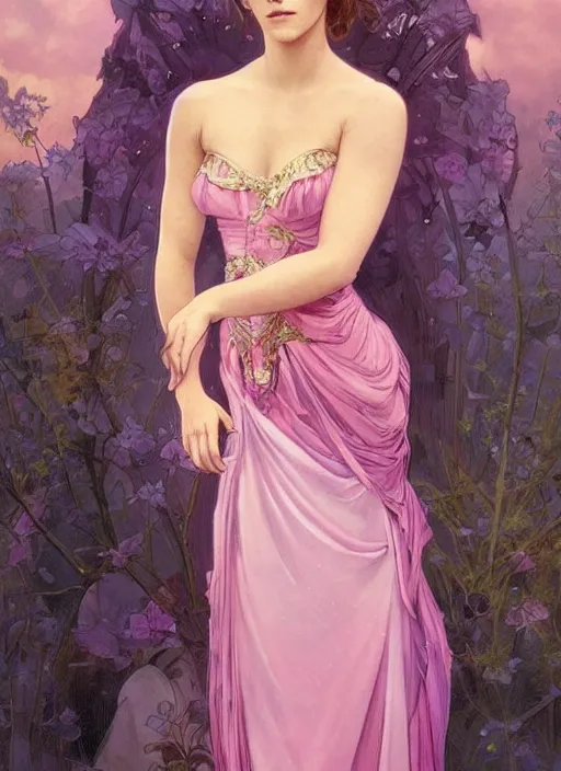 Prompt: emma watson at the yule ball wearing revealing elegant pink and purple dress with flounces. beautiful detailed face. by artgerm and greg rutkowski and alphonse mucha