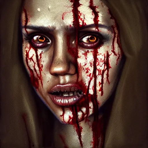 Prompt: color head portrait of jessica alba crying as a zombie, 7 days to die zombie, gritty background, fine art, award winning, intricate, elegant, sharp focus, cinematic lighting, digital painting, 8 k concept art, art by michael hussar, art by brom, art by guweiz and z. w. gu, 8 k